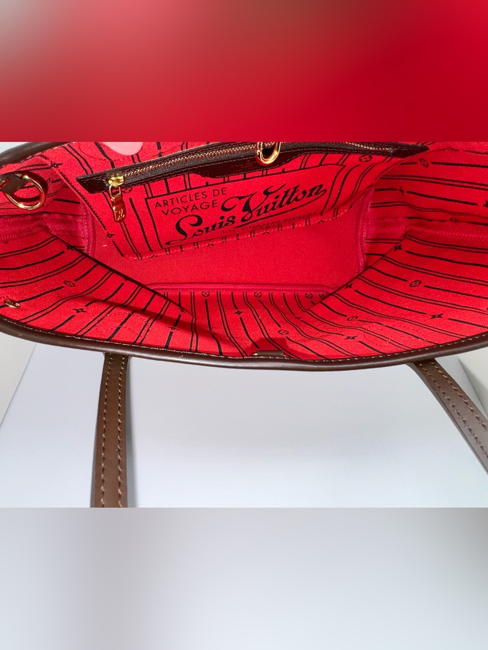 LOUIS VUITTON Neverfull PM Damier Ebene Tote Bag Red Interior - Picture 13 of 16